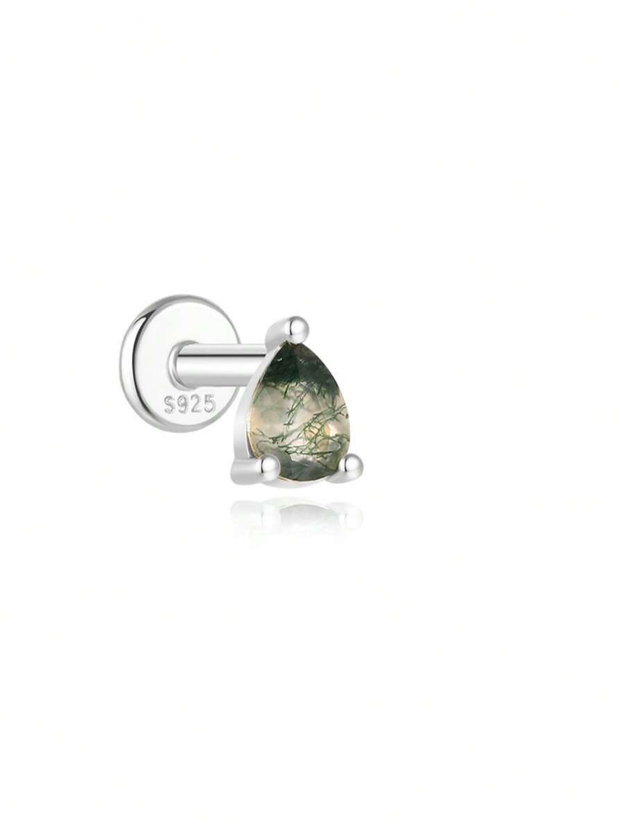 925 Sterling Silver All-Match Water Grass Agate Ear Piercing Stud
