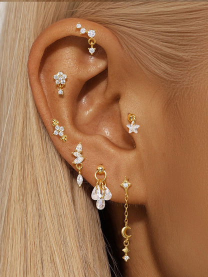 925 Sterling Silver Waterproof Flower Drops Star Moon Studs Earring Series