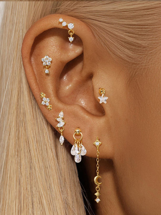 925 Sterling Silver Waterproof Flower Drops Star Moon Studs Earring Series