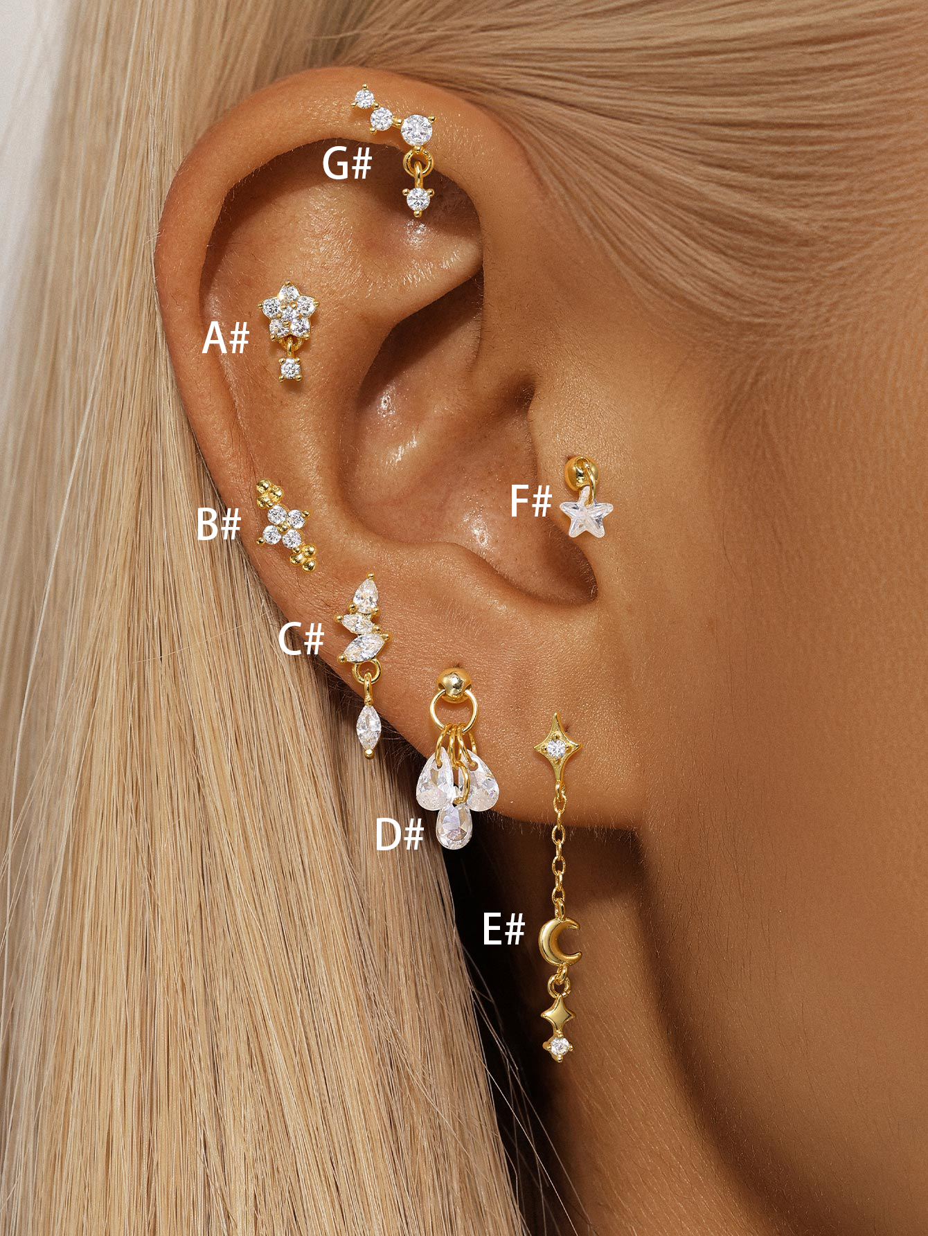 925 Sterling Silver Flower Drop Star Moon Studs Earrings