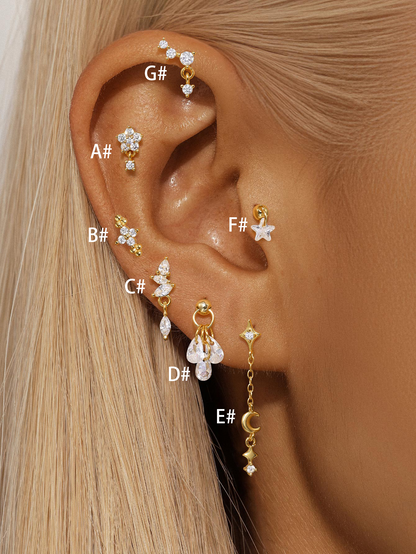 925 Sterling Silver Flower Drop Star Moon Studs Earrings