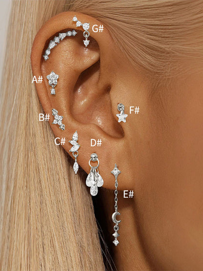 925 Sterling Silver Waterproof Flower Drops Star Moon Studs Earring Series