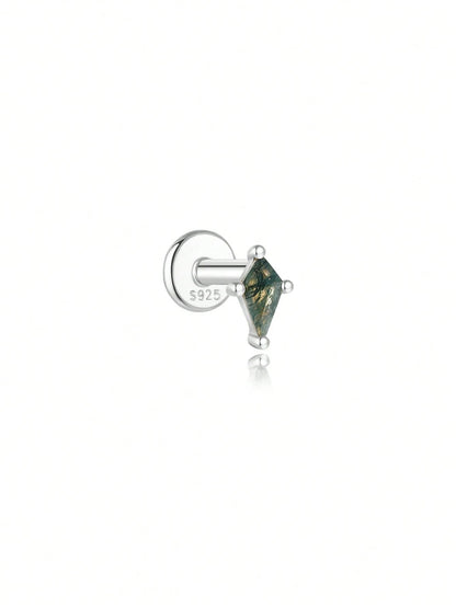 925 Sterling Silver All-Match Water Grass Agate Ear Piercing Stud