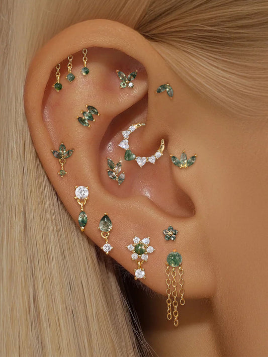 925 Sterling Silver Water Grass Agate Tassel Cartilage Piercing Studs