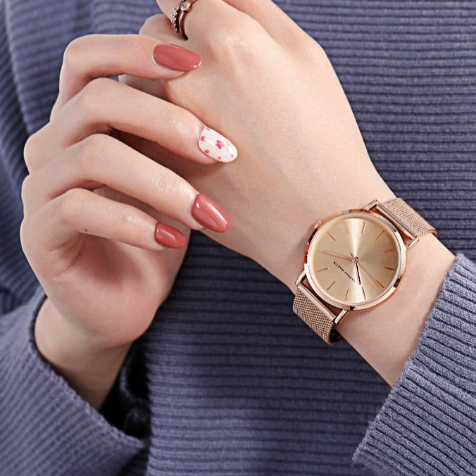 Elegant Women’s Watch & Bracelet Set - Rose Gold Finish
