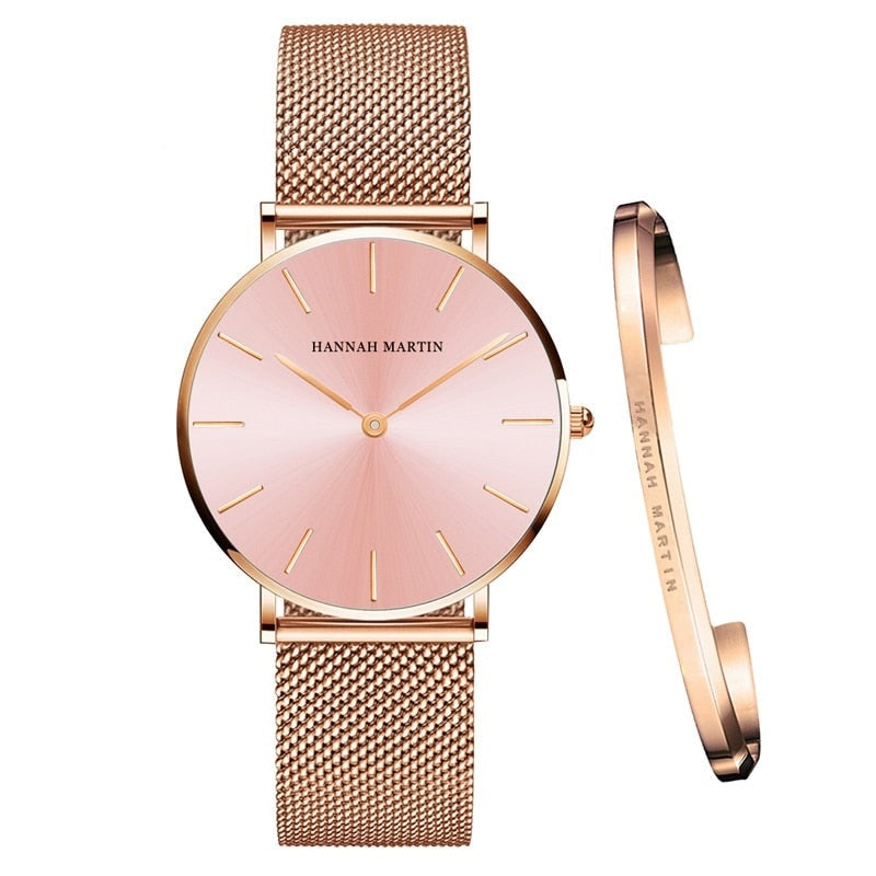 Elegant Women’s Watch & Bracelet Set - Rose Gold Finish