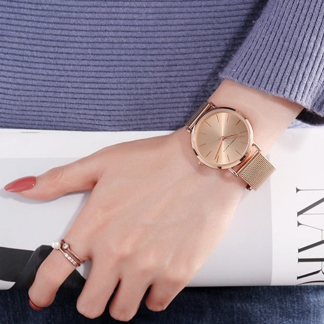 Elegant Women’s Watch & Bracelet Set - Rose Gold Finish