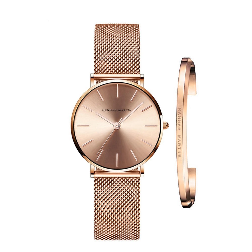 Elegant Women’s Watch & Bracelet Set - Rose Gold Finish