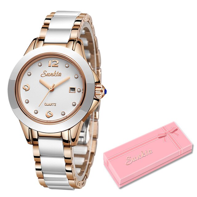 Women's Ceramic Watch with Calendar & Crystal Diamonds