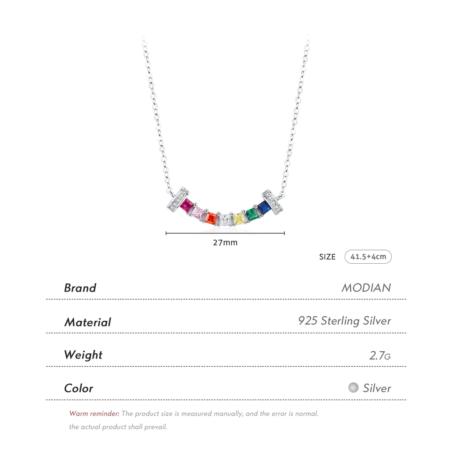 Valén – 925 Sterling Silver Rainbow Zirconia Smile Pendant Necklace