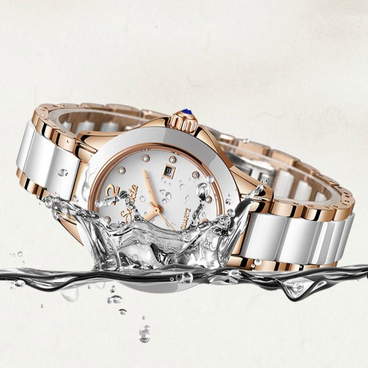 Women's Ceramic Watch with Calendar & Crystal Diamonds