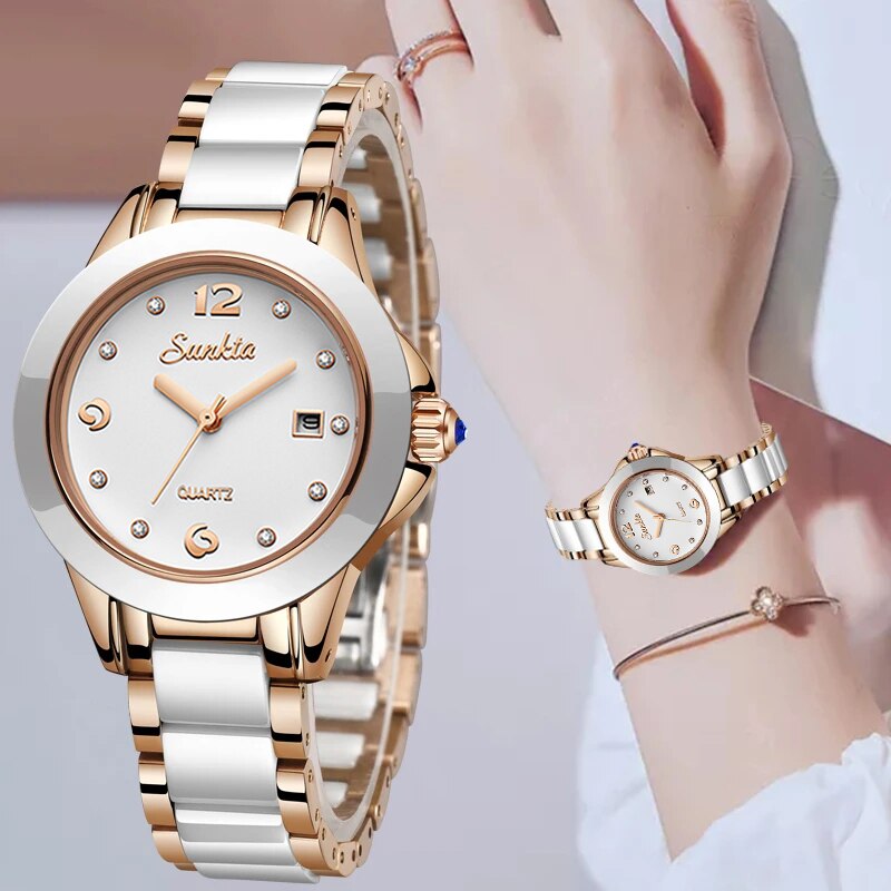 Women's Ceramic Watch with Calendar & Crystal Diamonds