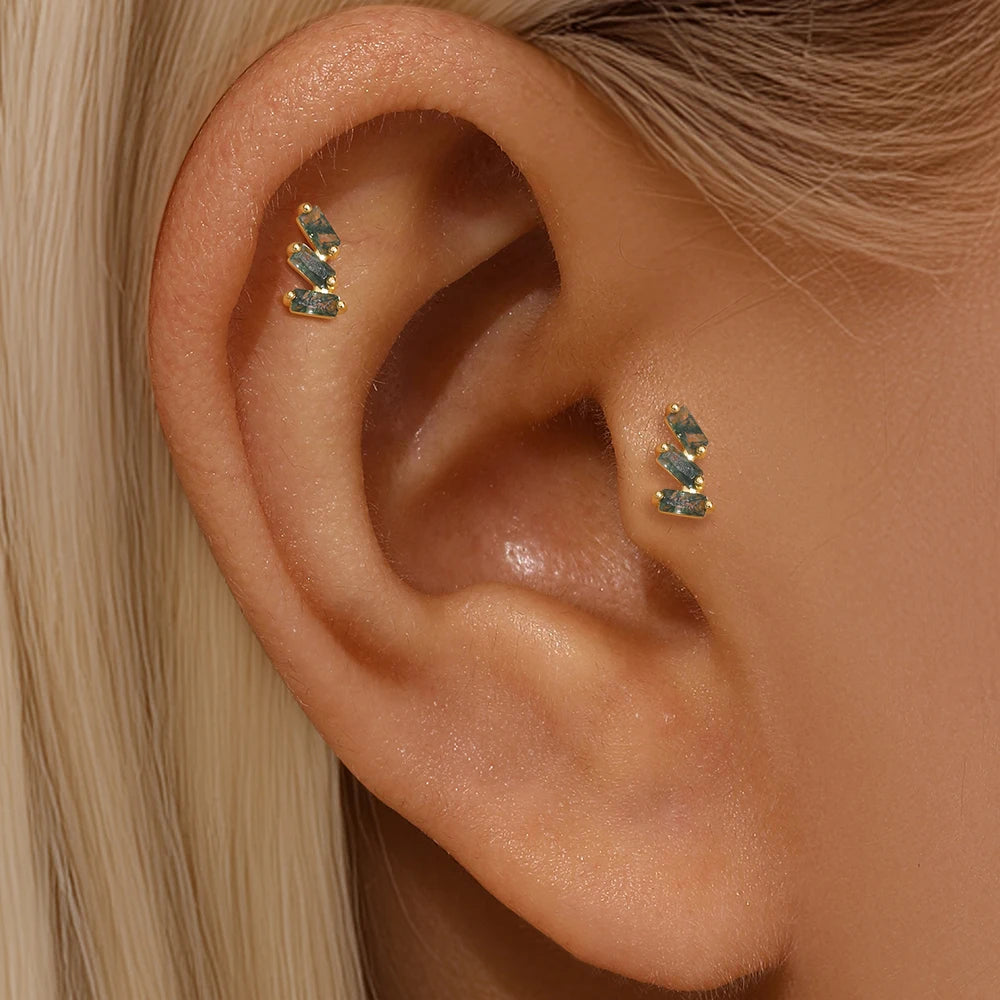 VALÉN 1PC Natural Moss Agate Threaded Ear Bone Nail Tassel Earring