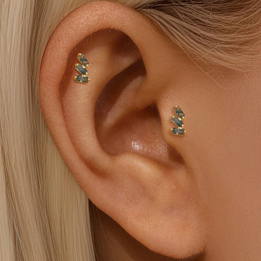 VALÉN 1PC Natural Moss Agate Threaded Ear Bone Nail Tassel Earring