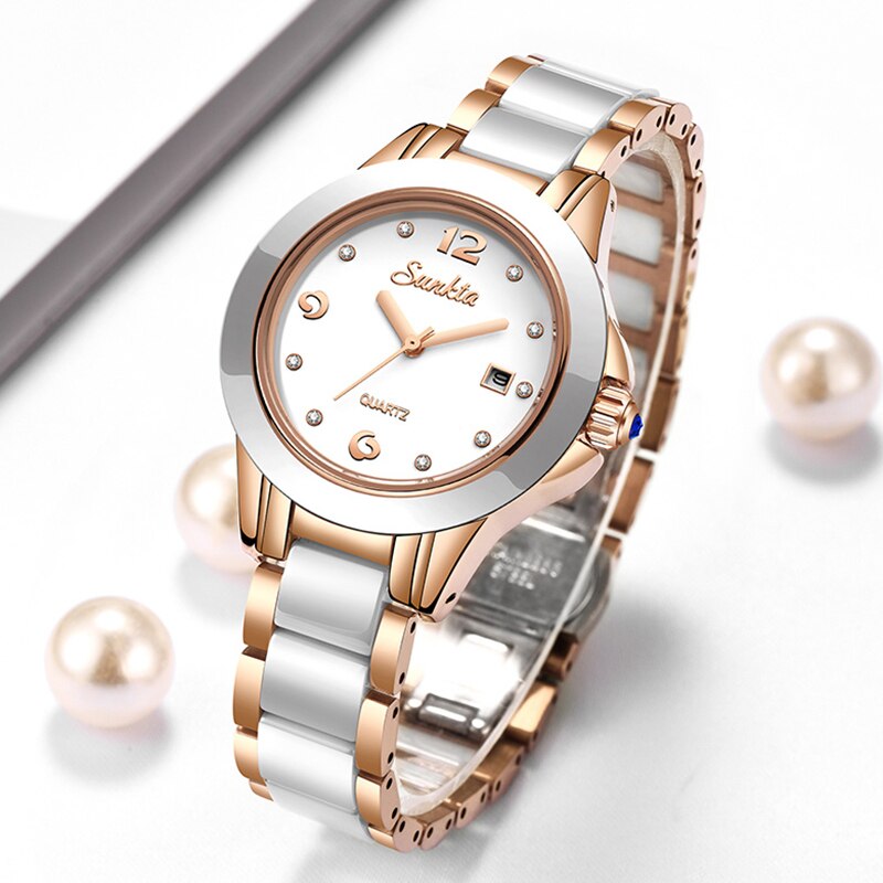 Women's Ceramic Watch with Calendar & Crystal Diamonds