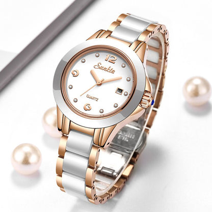 Women's Ceramic Watch with Calendar & Crystal Diamonds