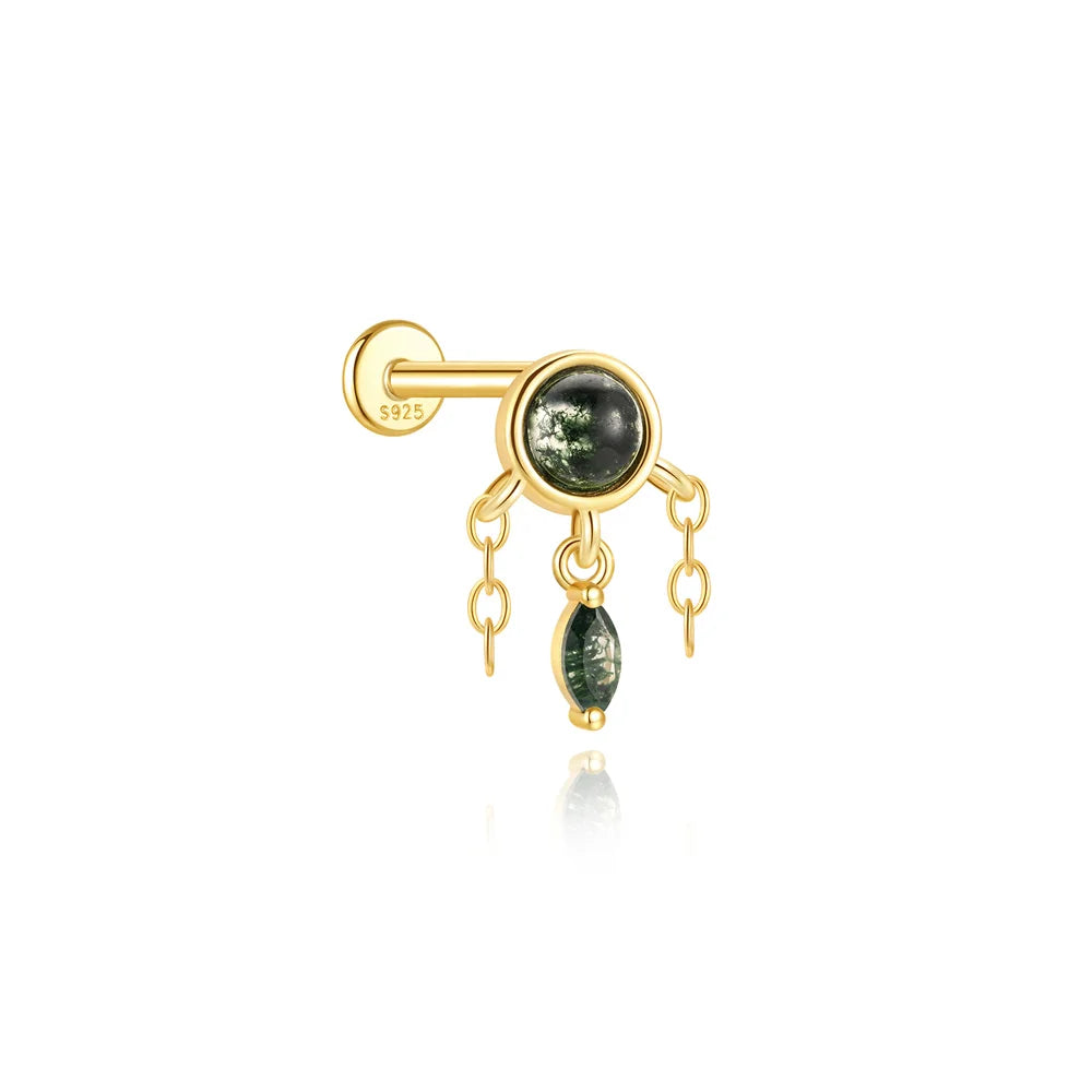VALÉN 1PC Natural Moss Agate Threaded Ear Bone Nail Tassel Earring