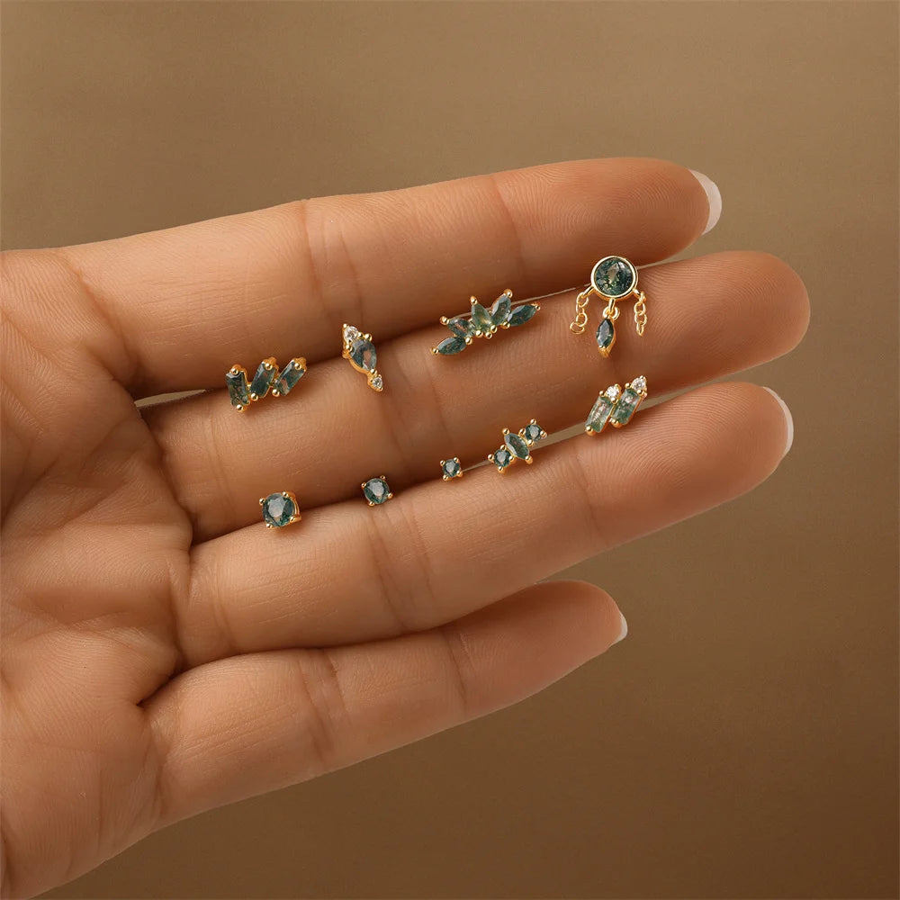 VALÉN 1PC Natural Moss Agate Threaded Ear Bone Nail Tassel Earring