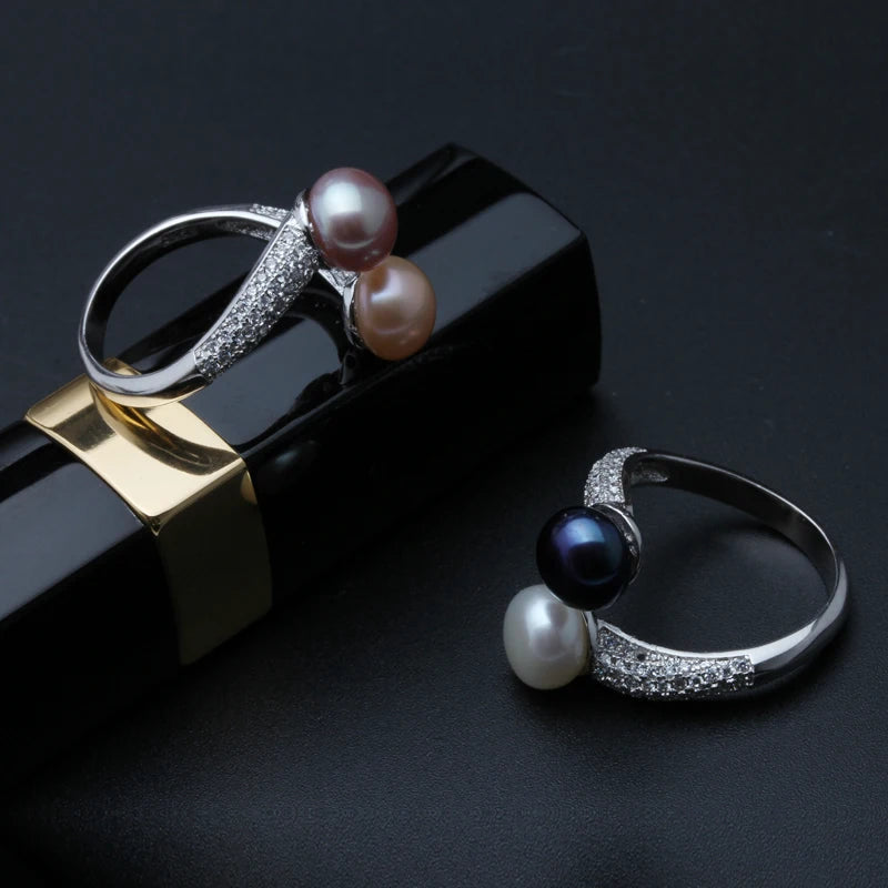VALÉN Real 925 Sterling Silver Double Pearl Ring