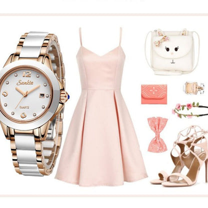 Women's Ceramic Watch with Calendar & Crystal Diamonds