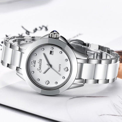 Women's Ceramic Watch with Calendar & Crystal Diamonds