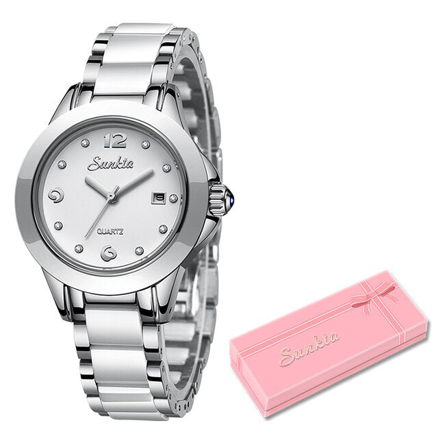 Women's Ceramic Watch with Calendar & Crystal Diamonds