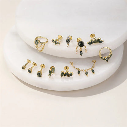 VALÉN 1PC Natural Moss Agate Threaded Ear Bone Nail Tassel Earring