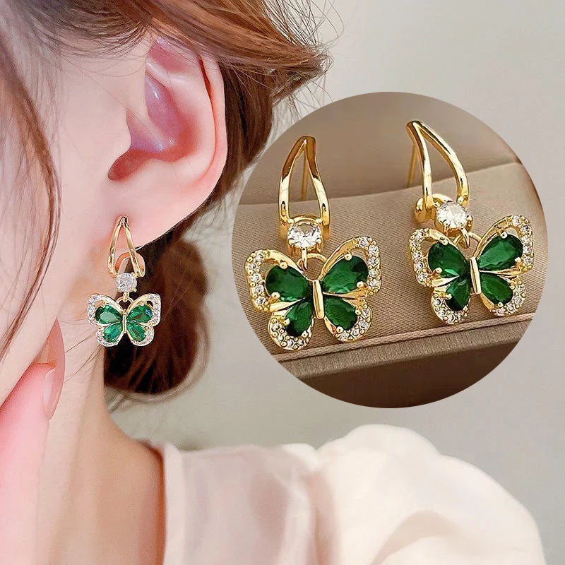 VALÉN — Green Crystal Butterfly Earrings (925 Silver Post)
