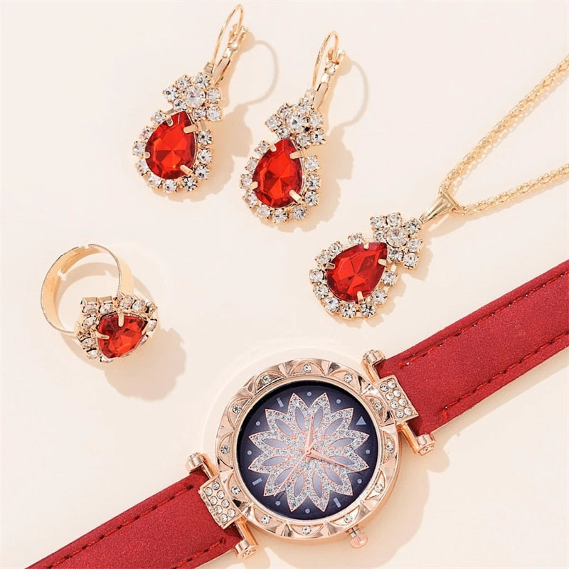 Women's Casual Leather Watch & Jewelry Set