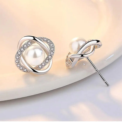 Valén Upscale 925 Sterling Silver Zircon & Pearl Twist Stud Earrings