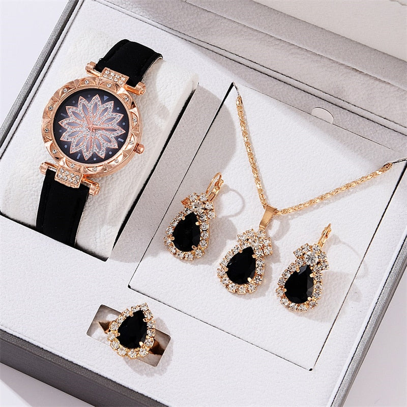 Women's Casual Leather Watch & Jewelry Set