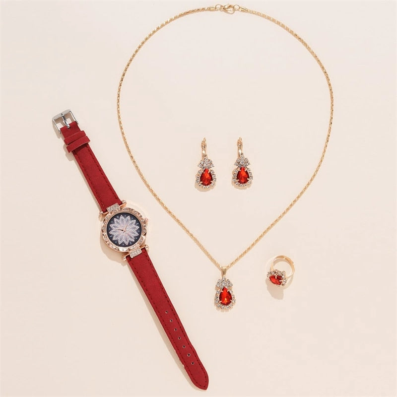 Women's Casual Leather Watch & Jewelry Set