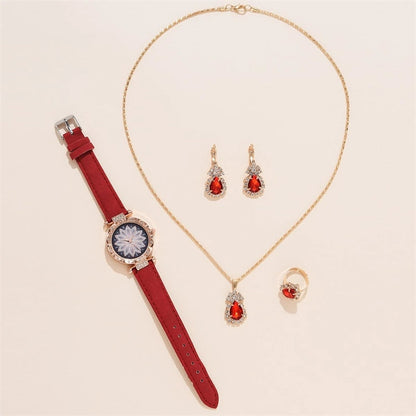 Women's Casual Leather Watch & Jewelry Set