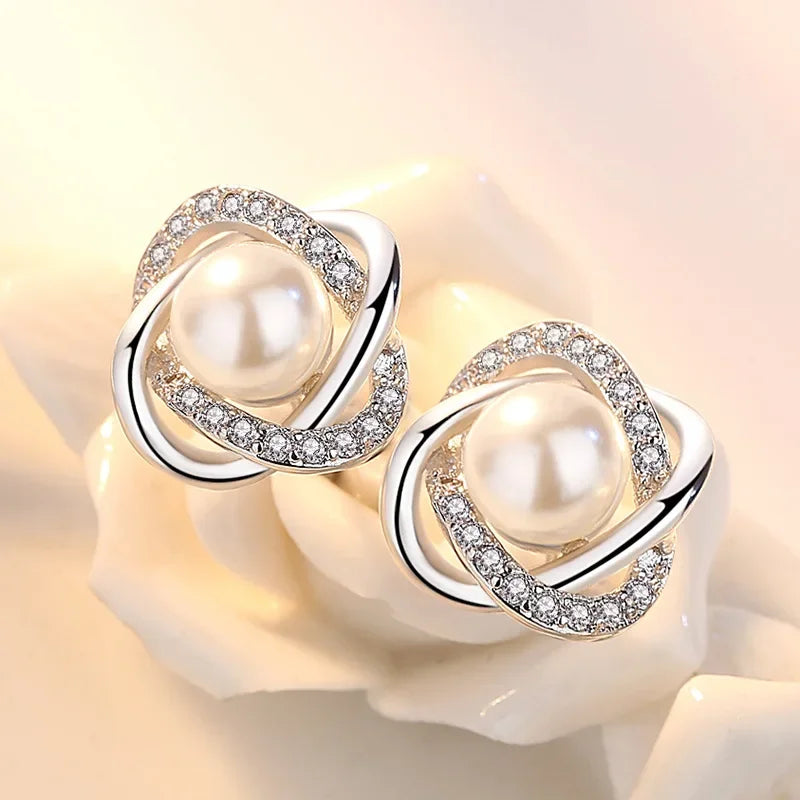 Valén Upscale 925 Sterling Silver Zircon & Pearl Twist Stud Earrings