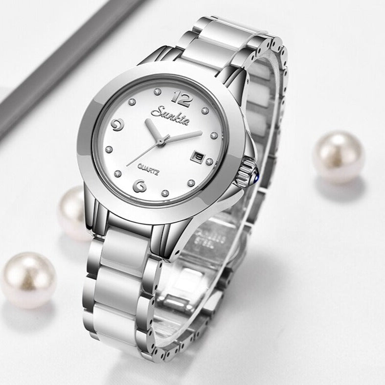 Women's Ceramic Watch with Calendar & Crystal Diamonds