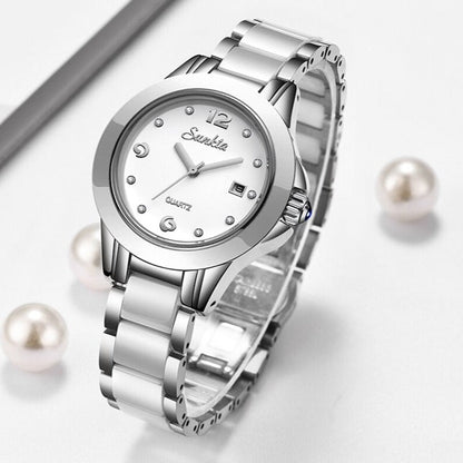Women's Ceramic Watch with Calendar & Crystal Diamonds