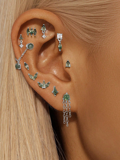 925 Sterling Silver All-Match Water Grass Agate Ear Piercing Stud