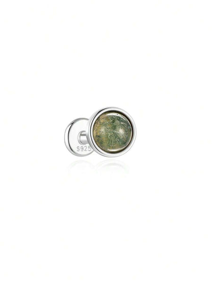 925 Sterling Silver All-Match Water Grass Agate Ear Piercing Stud