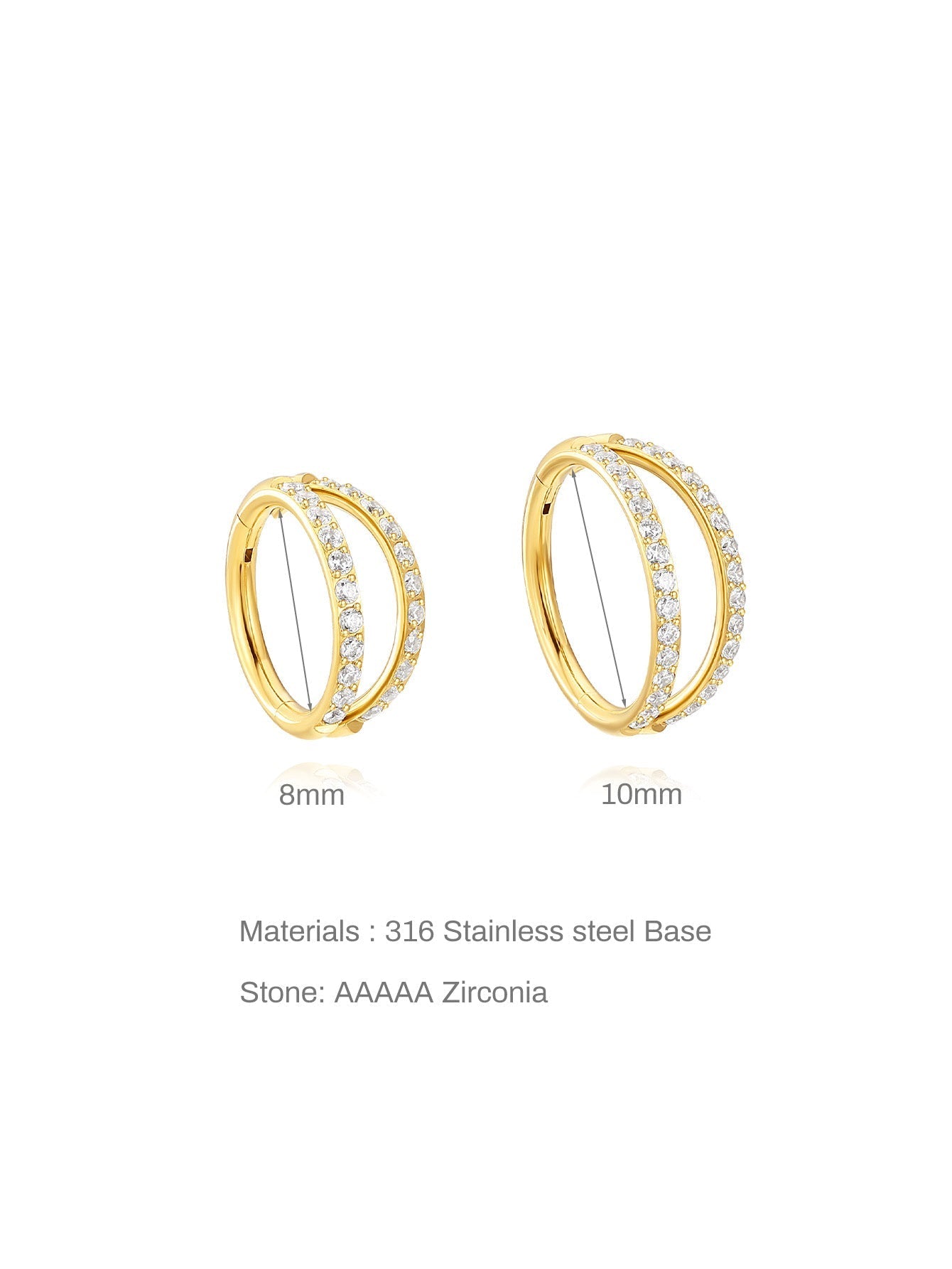 G23 Titanium Waterproof Double Hoop Cartilage Earring 16G – 5A CZ, Multiple Sizes